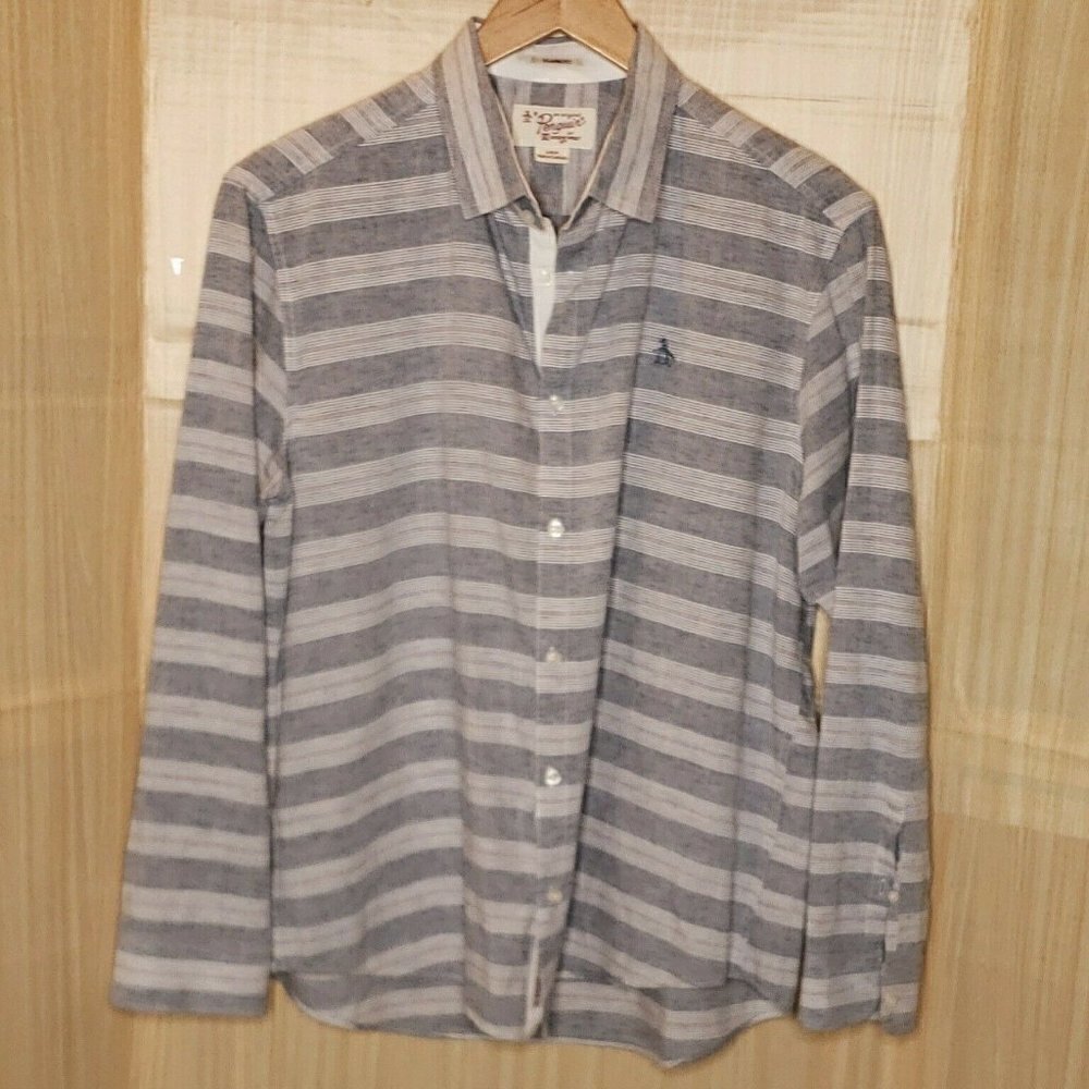 Penguin Mens Classic Fit Linen Blend Grey White Stripe Large